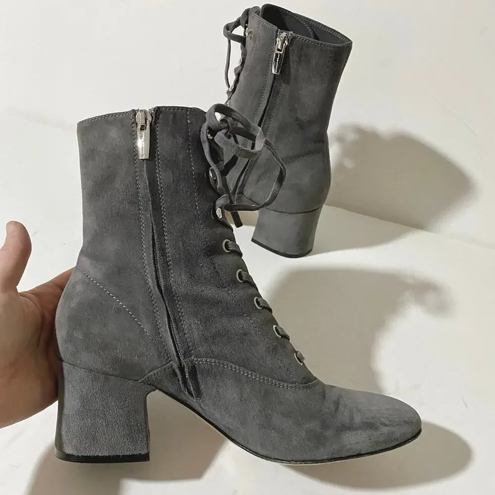 Gianvito Rossi Gray Suede Lace Up Boots Mackay Low Block Heel Ankle Zip sz 38